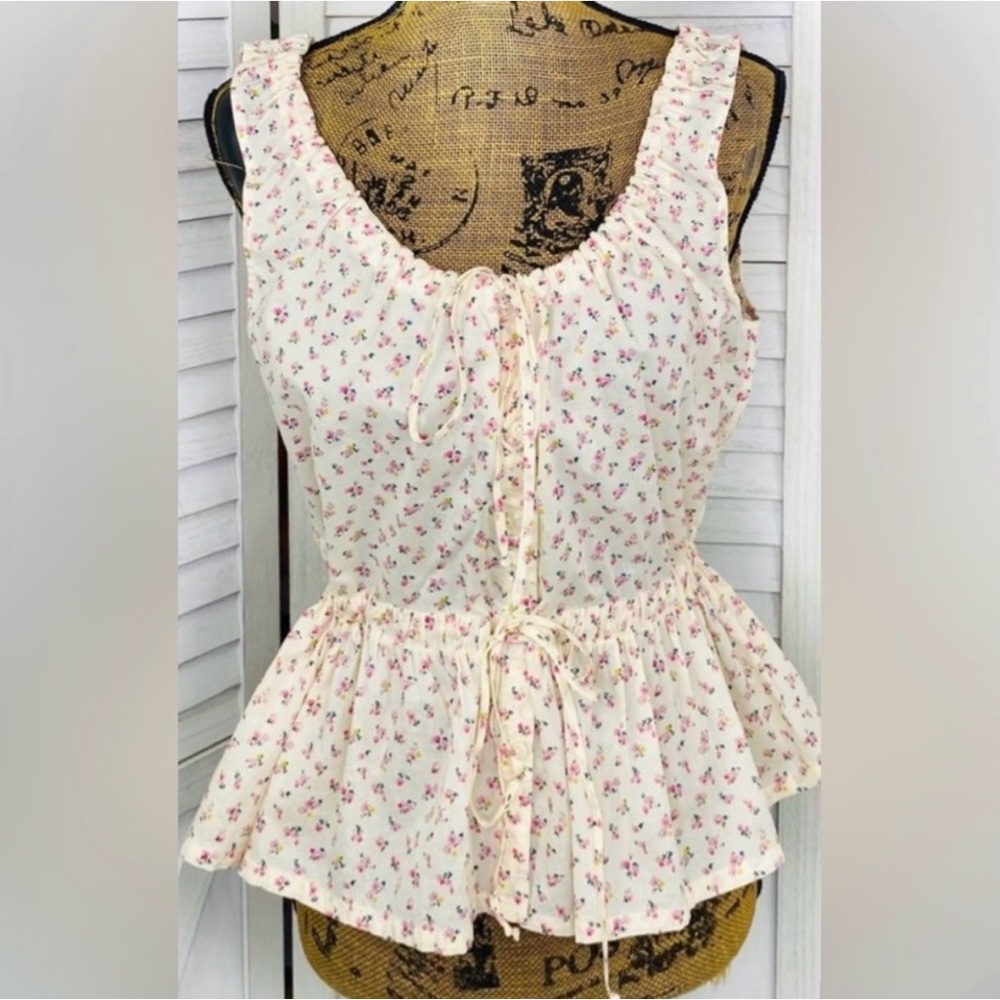 Madewell Cream Floral Tie-Front Peplum Tank Top